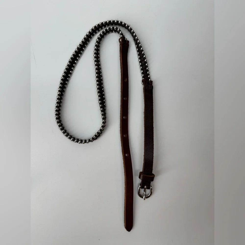 Vintage Leather Belt with Metal Bead Detail – Adjustable, Western Boho Style